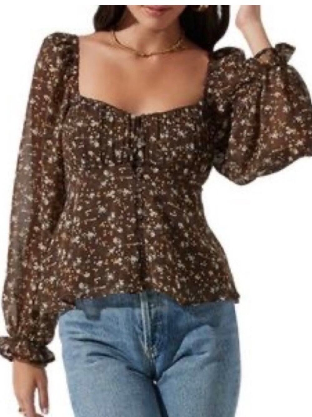 ASTR The Label Brown Ivory Ditsy Floral Button Front Peasant Blouse Brown M